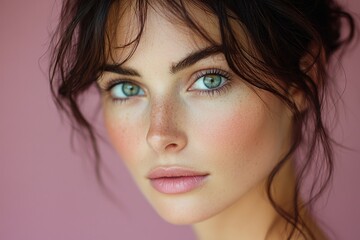 Wall Mural - Close-up of a young woman with captivating green eyes and natural makeup against a soft pink background