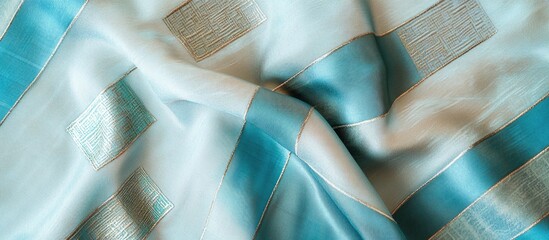 Poster - Textured fabric with blue and white pattern featuring geometric designs and embroidery details suitable for fashion and interior design use. Copy Space