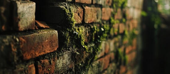 Poster - Close-up view of an aged brick wall with moss and greenery detailed texture natural light Copy Space