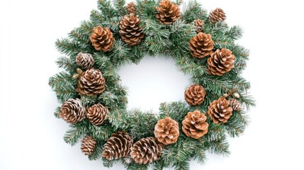 Poster - Christmas wreath with pine cones and evergreen branches on white background, copy space for text