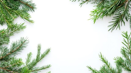 Poster - Evergreen branches frame on a white background with ample space for text and design elements. Copy Space.