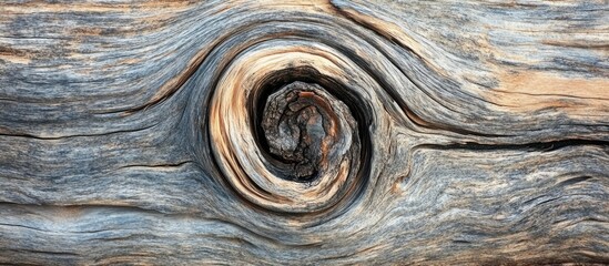 Poster - Abstract close-up of weathered wooden surface with unique spiral pattern and textured grain detail Copy Space