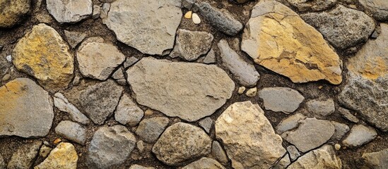 Poster - Natural stone wall texture with various shapes and colors including grey and yellow stones in a dry mortar background