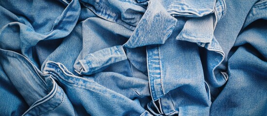 Poster - Close-up of crumpled blue denim fabric background with various textures and shades Copy Space
