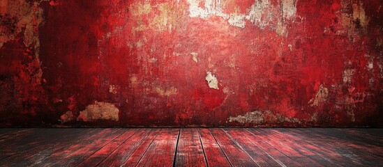 Poster - Grunge red wall with distressed texture and wooden floor Copy Space