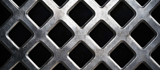 Poster - Metallic mesh pattern with diamond-shaped openings on a dark background suitable for industrial or graphic design applications Copy Space