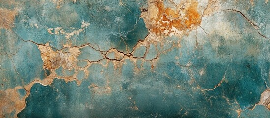 Poster - Textured cracked wall surface with turquoise and orange shades suitable for backgrounds and design applications Copy Space