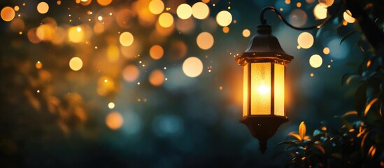 Poster - Vintage lantern hanging in a garden illuminated by warm light with soft bokeh background and copy space for text