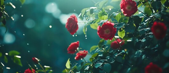 Poster - Close-up of vibrant red roses with green leaves and raindrops in a soft focus background, natural light, Copy Space