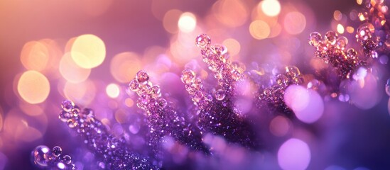 Poster - Abstract close-up of colorful bubbles on textured surface with soft bokeh lights in purple and golden tones Copy Space
