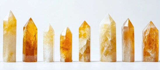 Poster - Collection of raw citrine crystal points lined up on white background with natural light and shadows, Copy Space available