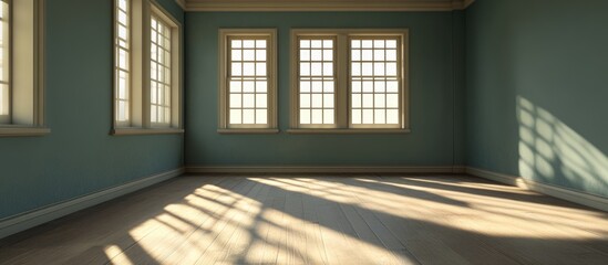 Poster - Empty room interior with large windows casting shadows on wooden floor and blue walls, natural light filling the space, Copy Space