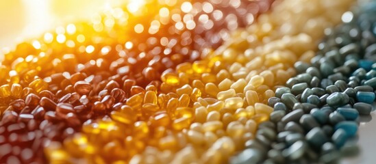 Poster - Colorful assortment of glass pebbles in various shades with blurred background and natural light Copy Space