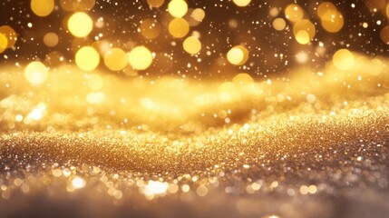 Poster - Golden glitter texture with soft bokeh lights in a blurred background suitable for abstract designs or festive themes Copy Space