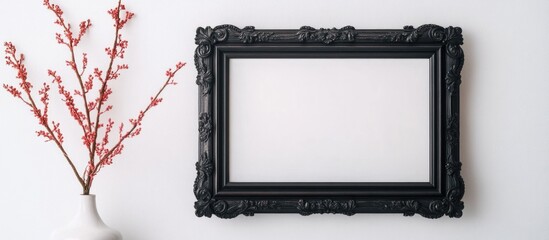 Poster - Black ornate picture frame on white wall next to flower vase with red branches and ample copy space for text insertion.