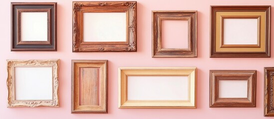 Poster - Various antique wooden picture frames arranged on a pastel pink wall with blank areas for artwork Copy Space