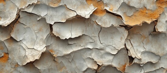 Poster - Cracked and peeling grey wall surface with orange accents suitable for background texture or overlay use. Copy Space available.