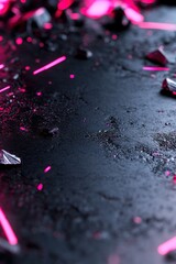 Poster - Dark abstract setting filled with glitch-like red and pink neon lines intertwined with scattered fragments, providing ample space for bold text overlays perfect for creative projects