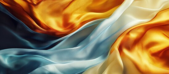 Poster - Colorful silky fabric in motion with smooth folds in shades of yellow, orange and blue, Copy Space