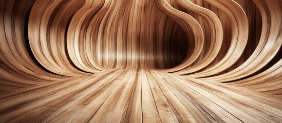 Poster - Abstract wooden interior with curved wooden panels and textured flooring suitable for background or display purposes Copy Space