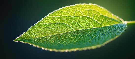 Poster - Close-up of a green leaf showcasing intricate vein patterns and textures against a softly blurred background. Copy Space