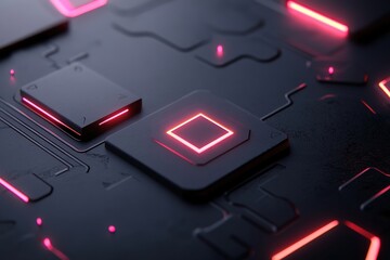 Poster - Dynamic composition displays simple abstract shapes illuminated by neon red and pink against a dark background, creating a striking visual effect ideal for modern digital projects