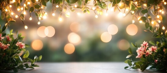 Poster - Decorative floral frame with fairy lights and bokeh background featuring soft glowing circles and pink flowers Copy Space