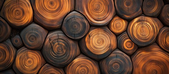 Poster - Textured wooden round slices background with various shades of brown and orange, natural wood pattern, Copy Space