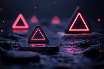 Poster - Bright neon red and pink outline simple geometric shapes on a dark background, creating an engaging futuristic atmosphere. Text space is available in the center for added information