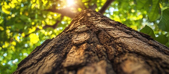 Poster - Close-up view of tree trunk with textured bark against a backdrop of green leaves and sunlight filtering through branches Copy Space