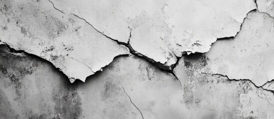Poster - Cracked and peeling white plaster texture with detailed fissures on a gray background suitable for various design applications. Copy Space