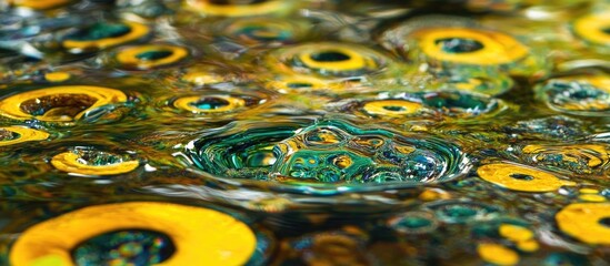 Poster - Abstract pattern of colorful water surface with circular yellow and green reflections and ripples, suitable for backgrounds and textures.