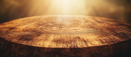 Poster - Wooden rustic round table surface with soft glowing background and warm light, natural texture detailed, Copy Space