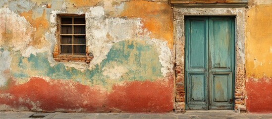 Poster - Colorful weathered wall with a blue wooden door and a window, showing peeling paint and rustic texture, suitable for background design. Copy Space