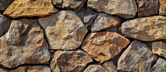Poster - Textured stone wall background with irregularly shaped stones in earthy tones, suitable for various design applications, Copy Space