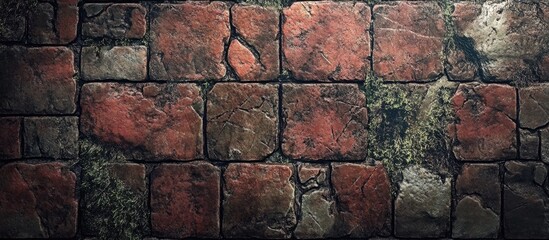 Poster - Textured old brick wall with moss and cracks, showing weathered red and gray stones, suitable for background or design use, Copy Space