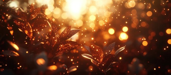 Poster - Golden glowing bokeh with sparkling leaves in soft focus against a warm light background ideal for nature and abstract themes Copy Space