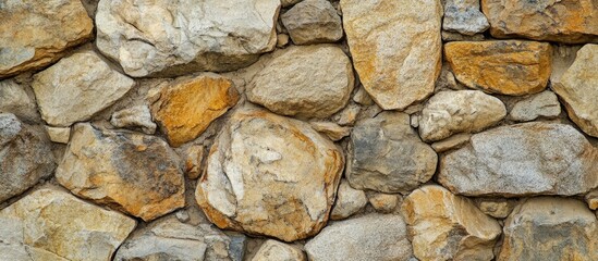Poster - Textured background of a rustic stone wall with various colors and sizes of rocks arranged in an organized pattern Copy Space