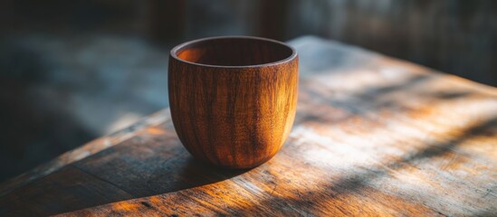 Poster - wooden bowl on textured wooden surface illuminated by soft sunlight with shadows creating a warm atm