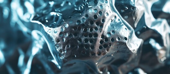 Poster - Abstract metallic surface with perforated texture and reflected light patterns, suitable for backgrounds or design elements, Copy Space