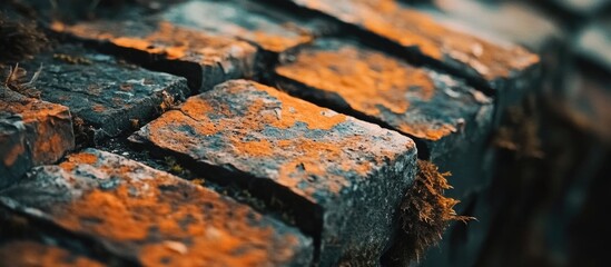 Poster - Close-up of weathered bricks with orange lichen and moss growing on the surface, textured stone pathway background with Copy Space.