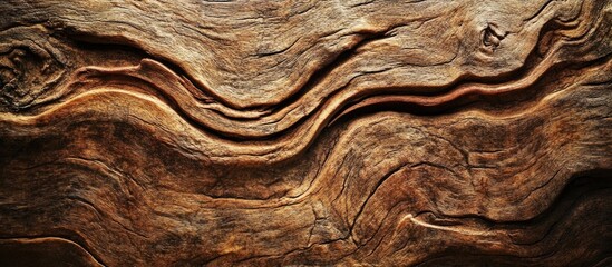 Poster - Textured close-up of weathered wood surface showcasing wavy grain patterns and rich brown tones suitable for backgrounds or design elements. Copy Space
