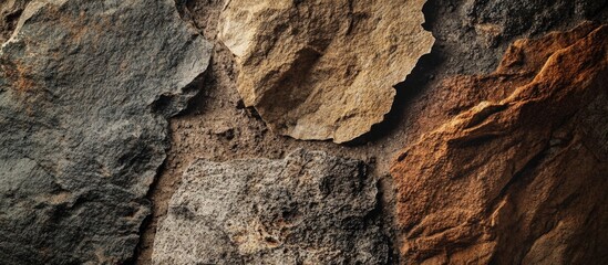 Poster - Textured wall of natural stones in various earthy colors including brown gray and beige with detailed surface patterns and Copy Space