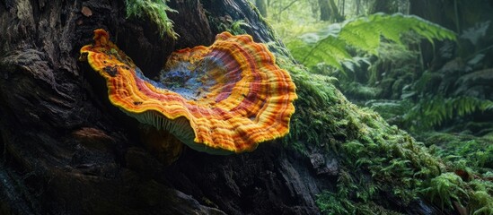 Poster - Colorful Polypore Mushroom Growing on Tree Trunk Surrounded by Lush Green Foliage in Forest Environment Copy Space