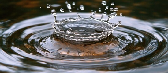 Poster - Water splash creating ripples on the surface of a calm pond with droplets suspended in motion Copy Space
