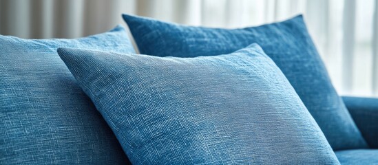 Poster - Blue decorative cushions on a sofa with soft fabric and natural light background showcasing texture and comfort Copy Space