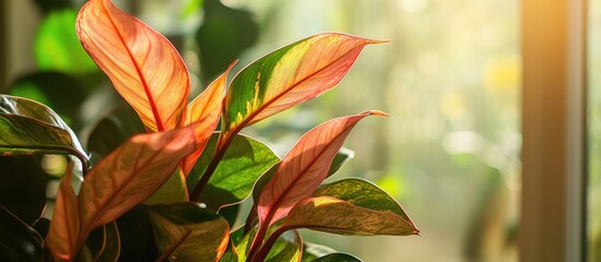 Poster - Close-up of colorful houseplant leaves illuminated by sunlight with a blurred background and ample space for text. Copy Space