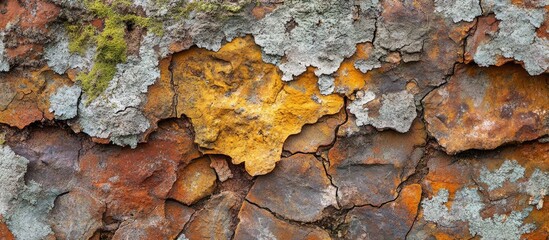 Poster - Textured surface with peeling paint showing various colors including orange, gray, and green, indicating weathering and natural aging, Copy Space