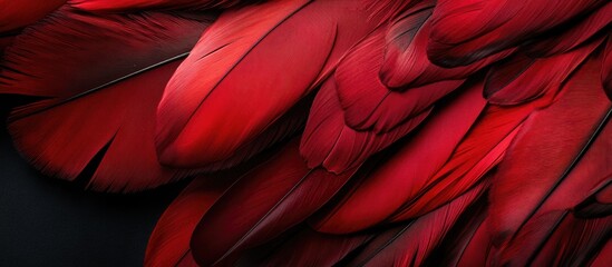 Poster - Close-up view of vibrant red feathers with intricate details and textures on a dark background, suitable for various design applications
