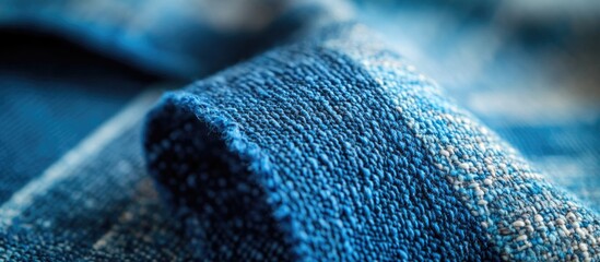Poster - Close-up view of textured blue fabric with detailed weave pattern suitable for background use and displaying textile design Copy Space